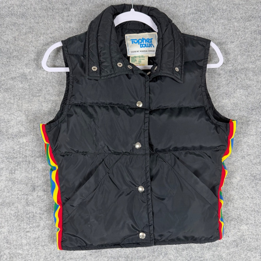 Vintage Topher Down Size-S Womens Puffer Vest Black Rainbow Retro